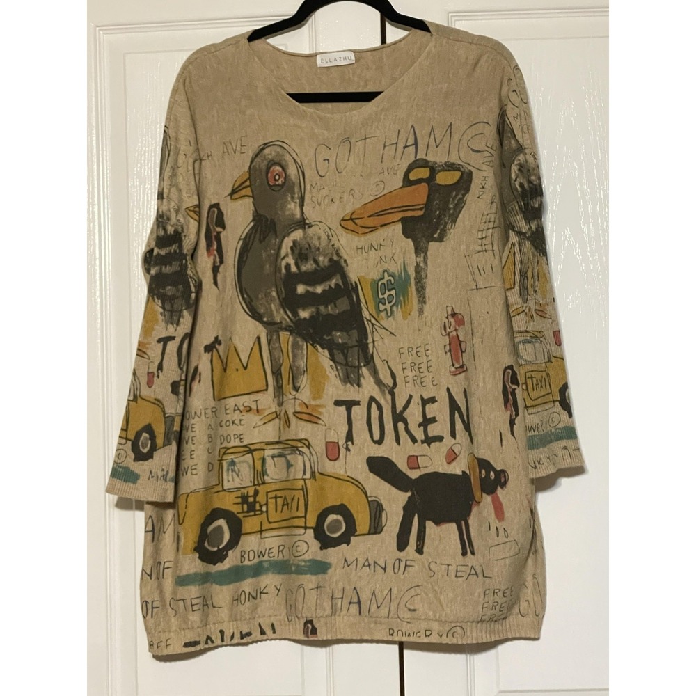 ELLAZHU Shirt Womens One Size Multicolor Gotham Animal Art Graphic Tunic Top‎